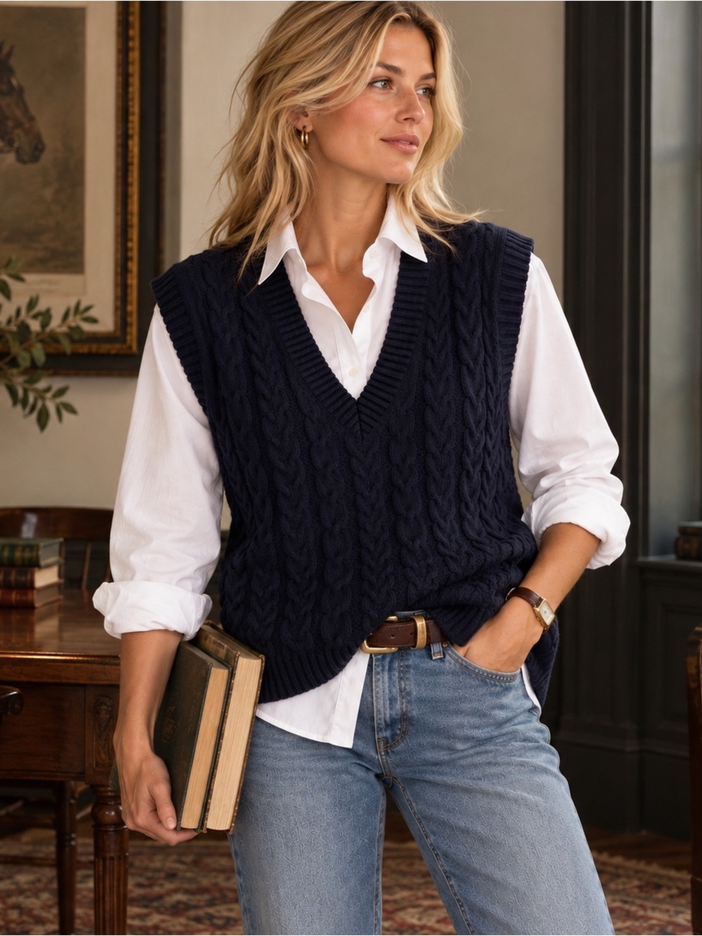 Aritzia Sunday Best Winston Sweater Vest Navy Cable Knit Merino Wool M Preppy